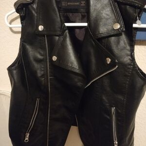 Details Basic Black Faux Leather Vest with Silver Accents